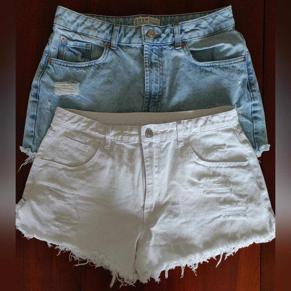 BUNDLE OF 2 - Blue and White Distressed Jean SHORT-Shorts waist 29" (318)